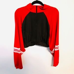 BODY INSTINCT Red & Black Crop Bomber Jacket
